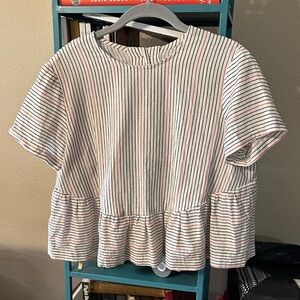 Handmade Blue and Red Striped Cotton Boxy Cropped Peplum Top